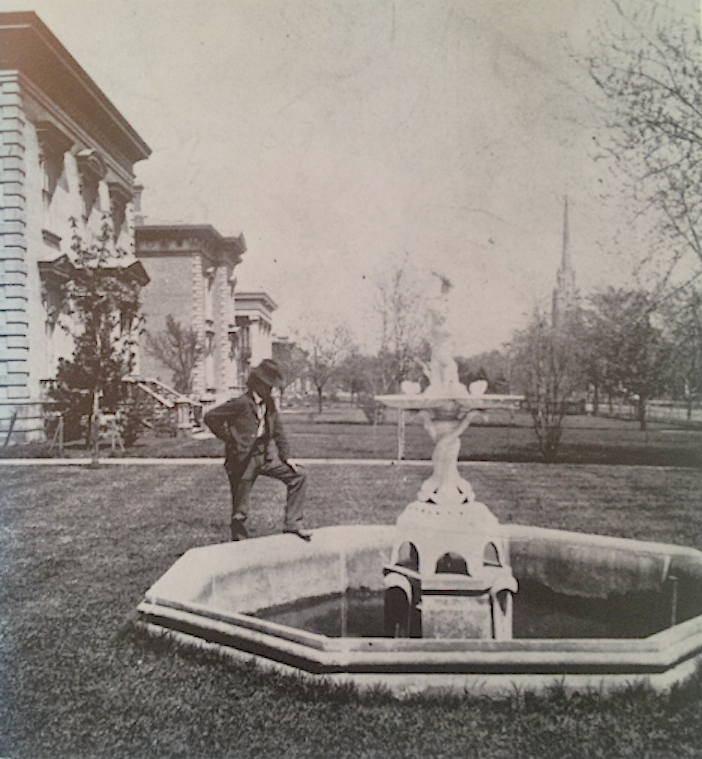 Fountains and sculptures abounded in the vast lawns--this scene is set in 1870.